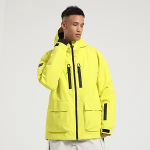 Waterproof neon yellow hooded ski jacket for men featuring multiple functional pockets