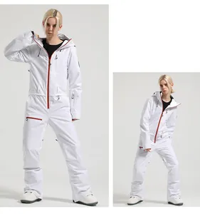 Front and side view of white professional women's one-piece ski suit with red zipper accents