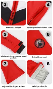 Dettagli della tuta da sci rossa con cerniere YKK e polsini resistenti al vento outdoor