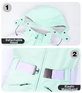 Detail of detachable hood and elastic waistband on slim fit mint green ski suit jacket