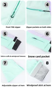 Detailing functional YKK zipper, velcro cuffs, windproof sleeves and ski card pocket