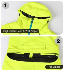 Detail view of high-neck hood with YKK zipper and functional hip zipper opening