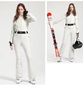 Front view of slim-fit white one-piece ski suit with adjustable belt and hooded design