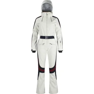 Slim white one-piece ski suit with navy and burgundy stripes and adjustable waist belt