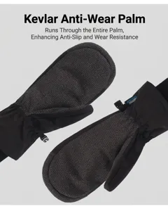 Detail of Kevlar abrasion-resistant palm and waterproof blue label on ski mittens