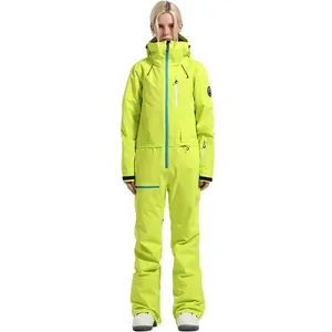 Neon green one-piece ski suit for women with waterproof zippers and windproof hood