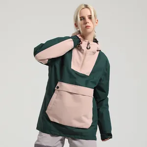 Wasserdichter Oversize-Ski-Anorak mit Kapuze in Dunkelgrün und Rosa Colorblock