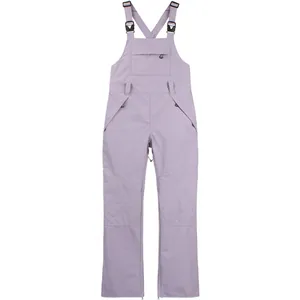 Waterproof lavender ski bib overalls for women featuring adjustable straps and reinforced knees