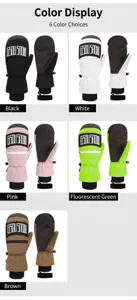Waterproof ski mittens in black, white, pink, green, and coffee showing palm grip details