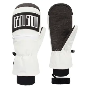 Waterproof thermal ski mittens with black and white color blocking and brand logo