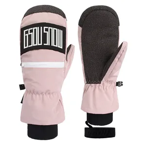 Pink and grey GSOU SNOW waterproof ski mittens with a zipper pocket and durable palms