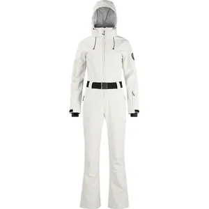 Slim-fit women's one-piece ski suit in white with waterproof fabric and black waist belt