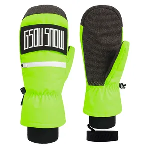Waterproof neon green ski mittens with durable Kevlar palms and wrist security straps