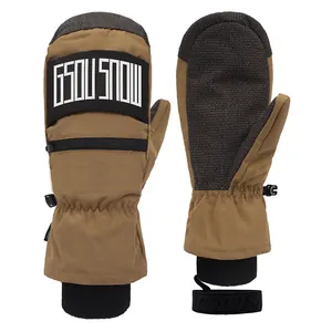Waterproof earth brown mittens for snowboarding with reinforced palms and zipper pocket