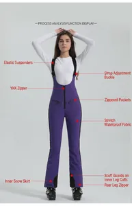 Detail view of purple ski bib featuring adjustable straps and durable anti-wear leg patches