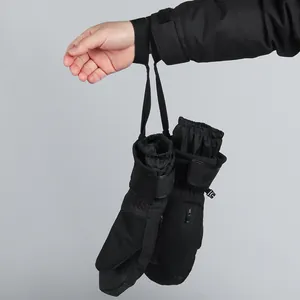 Moffole da sci nere impermeabili con cinturino di protezione e tasca con cerniera