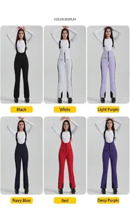 Waterproof women's ski bib pants shown in black, white, purple, navy, and red colors