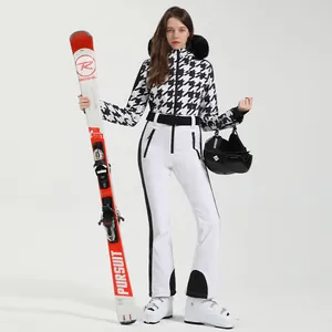Professional Women's One-Piece Ski Suit Waterproof Windproof Warm Jumpsuit With Fur Hood And Belt Leopard Houndstooth Winter Outdoor Gear
