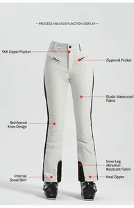 Dettaglio dei pantaloni da sci bianchi con cerniere YKK e tessuto impermeabile rinforzato