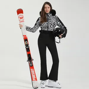 Women's leopard print ski jacket with fur hood and black slim pants professional set