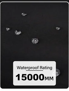 Close-up of waterproof fabric showing water droplets and 15000MM waterproof index rating