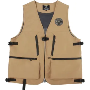 Khaki multi-pocket ski vest for outdoor winter sports featuring GSOU SNOW embroidery