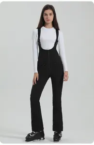 Front view of slim-fit black women's ski bib pants with adjustable straps and zipper