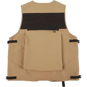 Outdoor skiing vest in khaki and black, featuring a large back pocket and adjustable straps