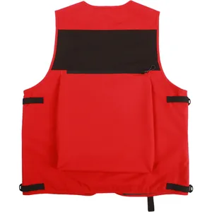 Outdoor skiing vest in red and black with back zipper pocket and adjustable straps