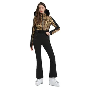 Women's professional leopard print one-piece ski suit with fur hood and black belt