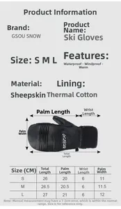Detailed size guide for ski gloves with hand measurement chart and thermal padding info