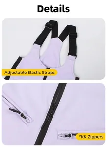 Detail view of purple waterproof ski pants with adjustable straps and YKK zippers