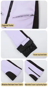 Detailed views of ski pants featuring zippered pockets, snow gaiters and reinforced inner legs