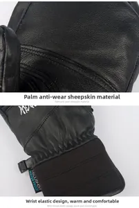 Detail of waterproof sheepskin palm and elastic ribbed cuff on black winter ski gloves