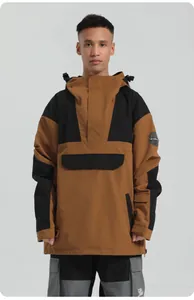 Detail of color-block ski anorak with hood, large front pocket and waterproof fabric texture