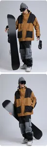 Detail of professional men's ski suit featuring contrast color panels and cargo pockets
