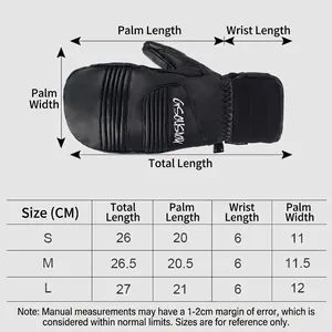 Waterproof leather ski mittens showing size chart and technical dimensions for winter sports