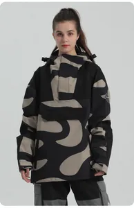 Detail of waterproof camouflage ski jacket with windproof high collar and front pocket