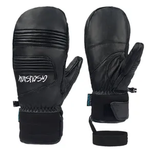 Waterproof black leather ski mittens with reinforced padding and adjustable wrist straps