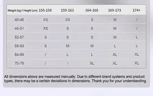 Size chart for women's ski suits based on weight and height for accurate selection