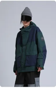 Detail of waterproof ski jacket featuring contrast color panels and large utility pockets