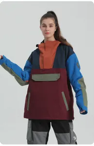 Detail of color-block waterproof ski jacket with hood and functional chest pocket