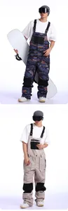 Waterproof men's ski bibs featuring abstract print and solid beige with reinforced knees
