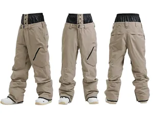 Three-view layout of khaki ski pants with black high elastic waist and zipper pockets