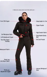 Détails de la combinaison de ski avec zip YKK, capuche en fourrure et ceinture élastique