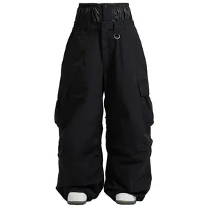 Waterproof black wide-leg ski pants with high waist and cargo pockets for winter outdoor sports
