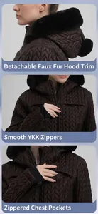 Détails de la capuche en fourrure amovible, du zip YKK et des poches poitrine du parka