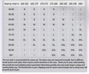Tableau des tailles pour pantalons de ski unisexe selon la taille et le poids