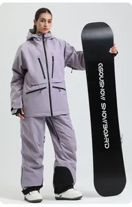 Detail of lavender waterproof ski jacket with hooded design and functional zip pockets