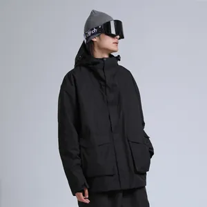Men's waterproof color-block ski jacket with hood and large flap pockets in black